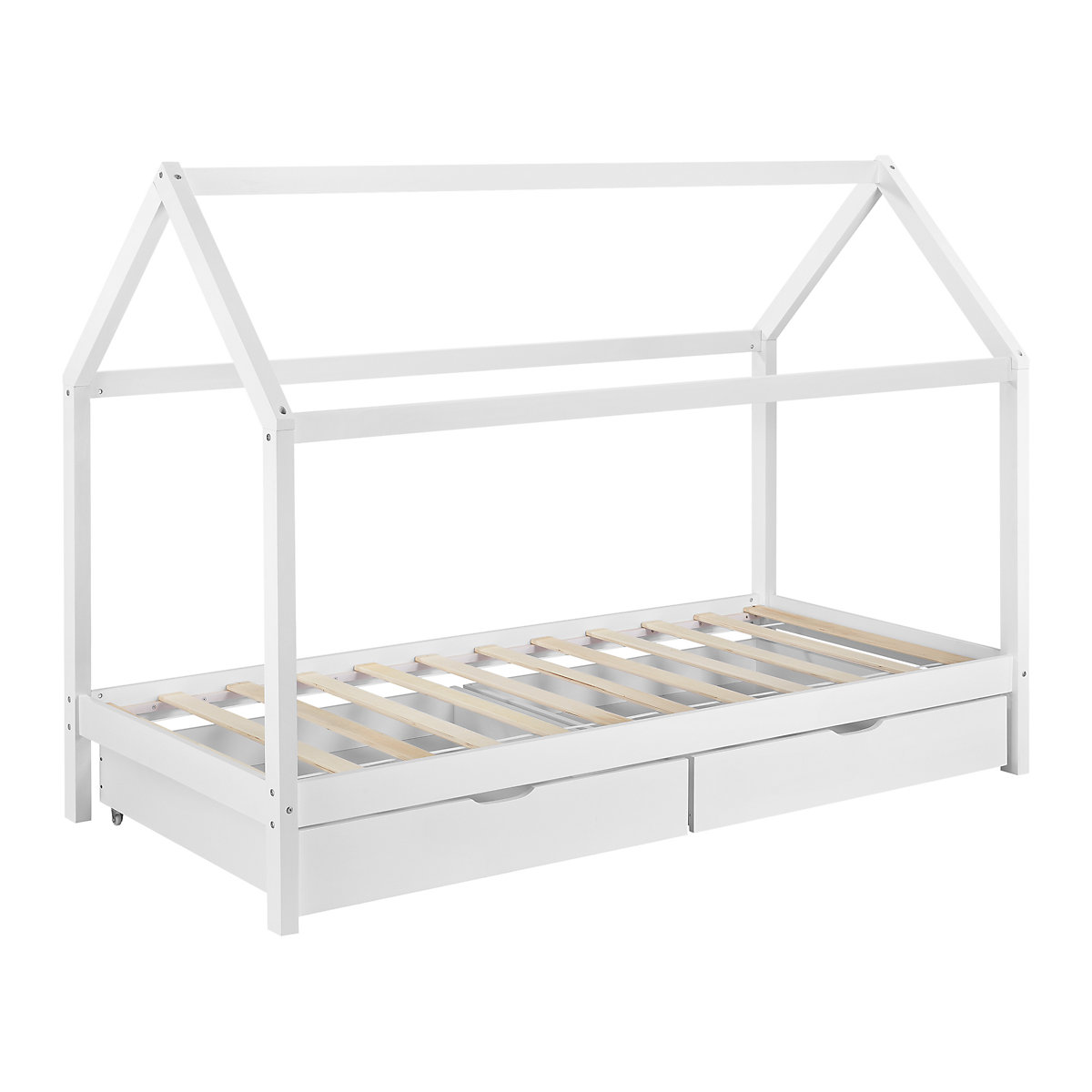 Kinderbett mit Bettkasten und Kaltschaummatratze 90x200cm Haus Holz Weiß