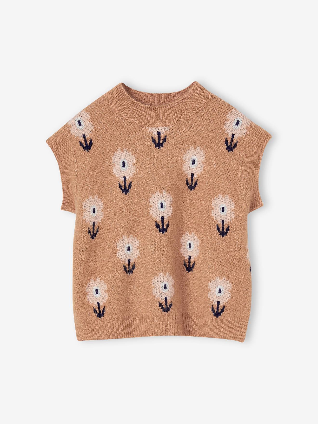 Pull sans manches à fleurs fille camel