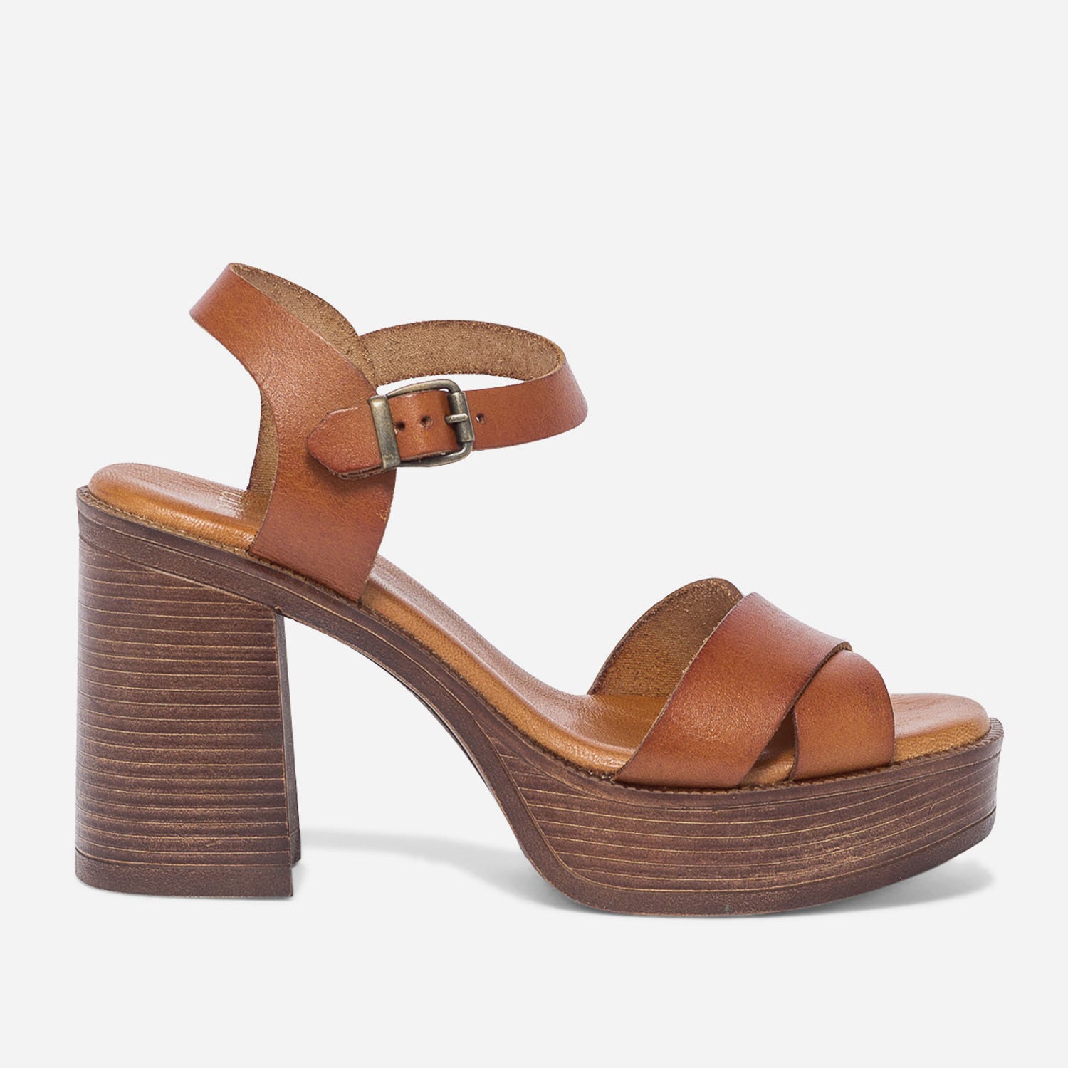 Sandale TEXTO cognac en cuir à plateau