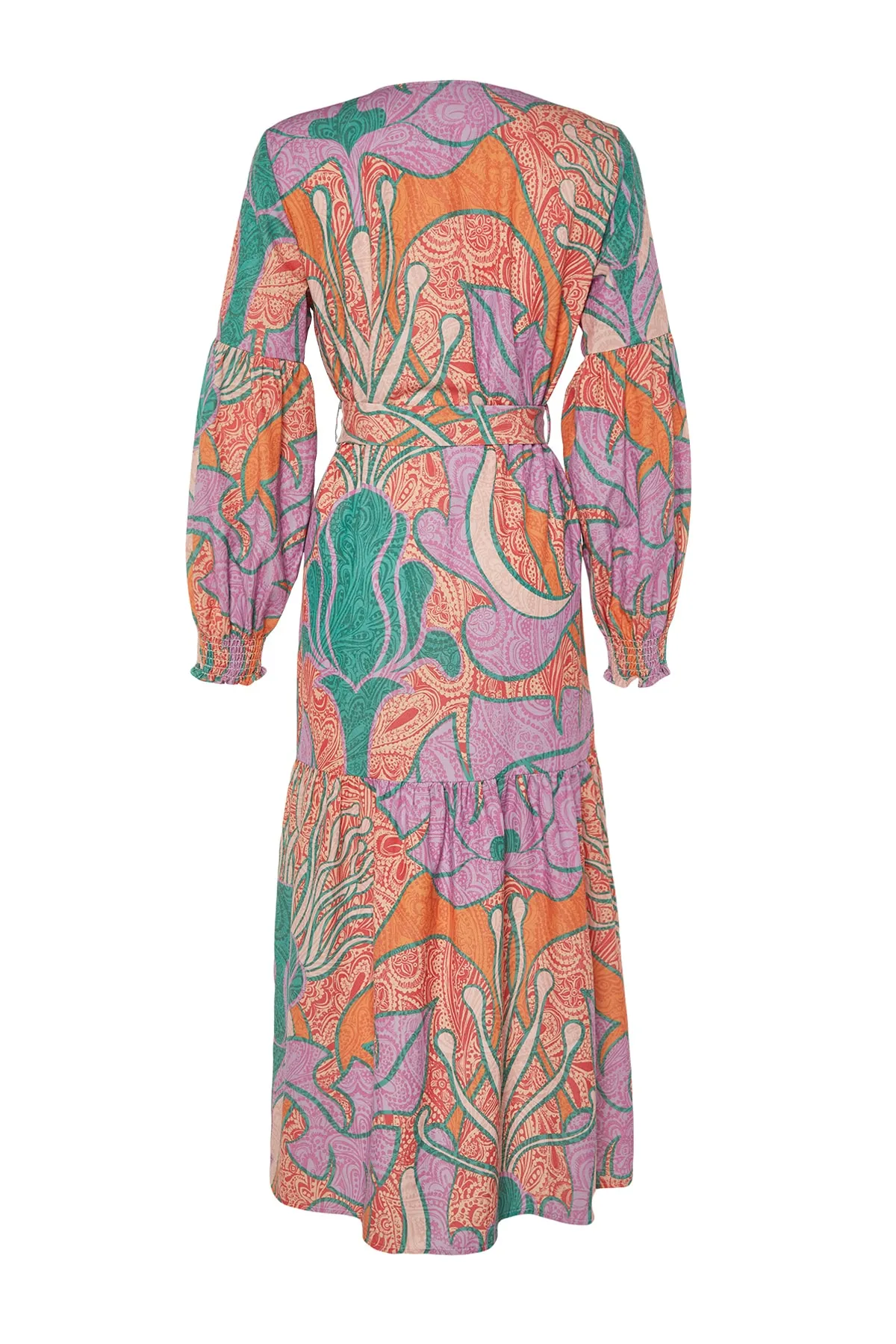 Trendyol Collection  Tropisch gemusterter, gewebter Maxi-Kimono und Kaftan mit Ballonärmeln aus 100 % Baumwolle in Leinenoptik mit Gürtel