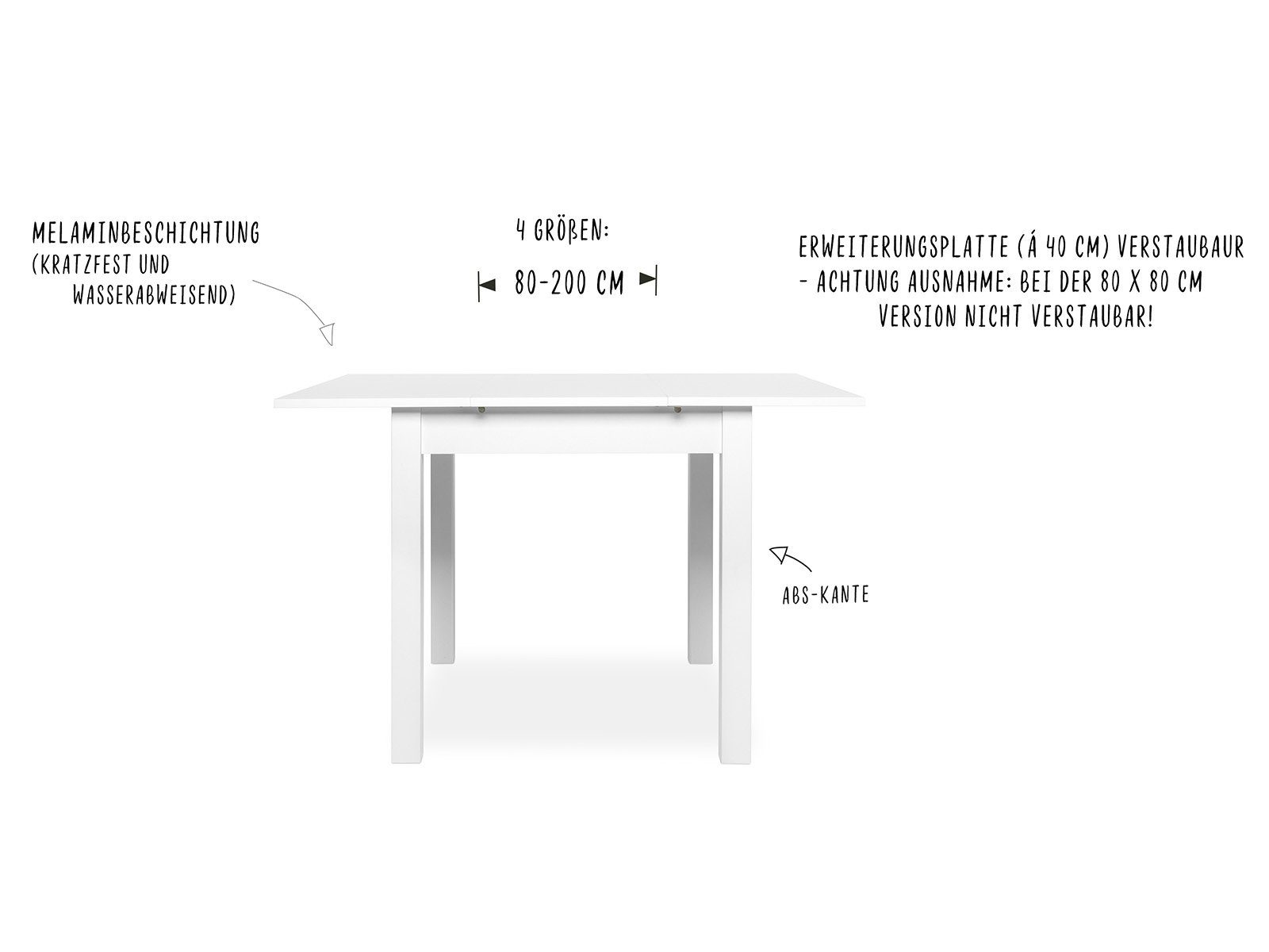 möbelando Esstisch Crawley, Moderner Esszimmertisch aus Spanplatte melaminharzbeschichtet in Weiß mit 1 Auszugsplatte. Breite 120 (160) cm, Höhe 76,5 cm, Tiefe 70 cm
