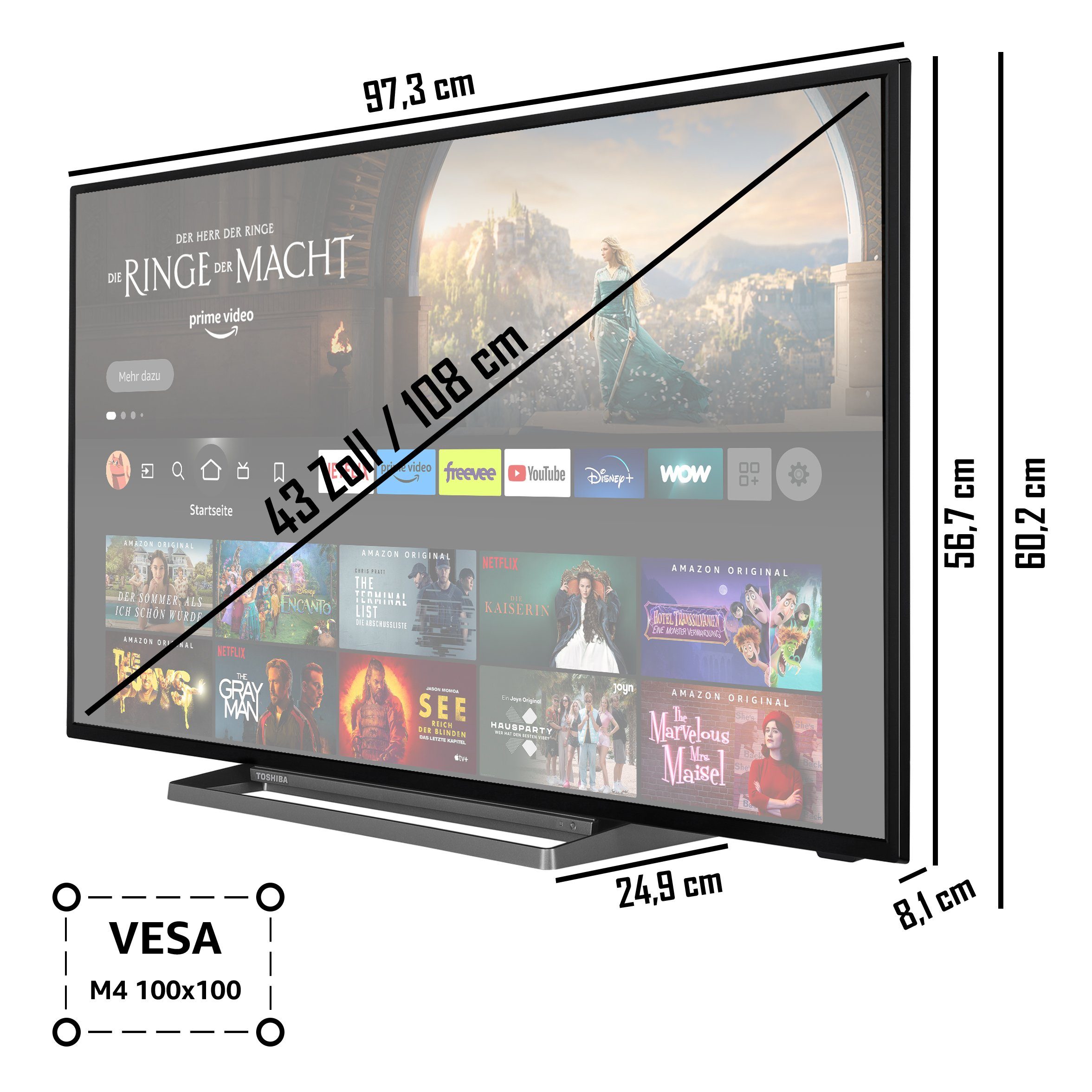 Toshiba 43UF3D63DA LCD-LED Fernseher (108 cm/43 Zoll, 4K Ultra HD, Fire TV, HDR Dolby Vision, Triple-Tuner, Alexa Sprachsteuerung, Sound by Onkyo)