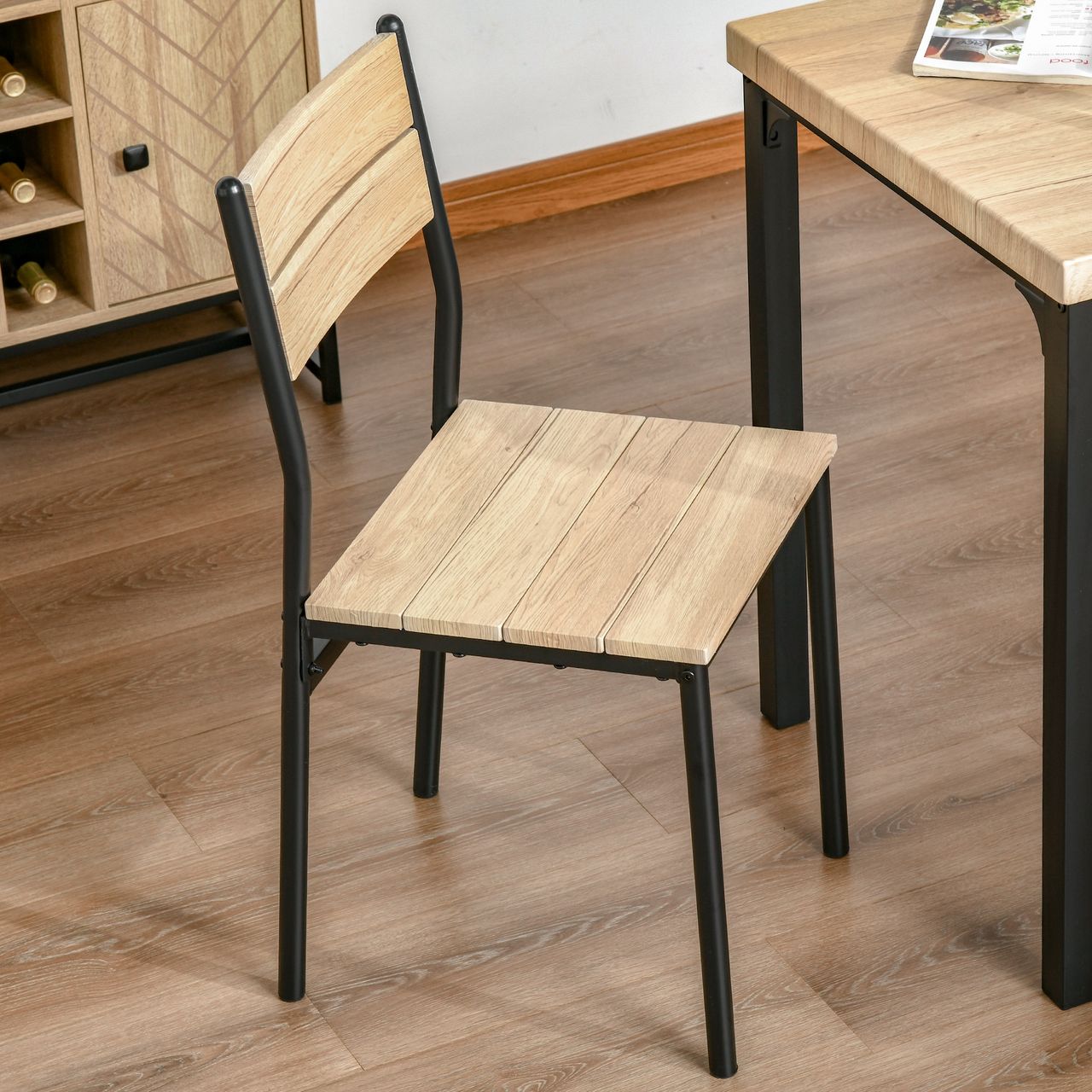 HOMCOM 3-teilige Essgruppe Küchentisch mit Metallgestell Esszimmergruppe Sitzgruppe Esstisch Set Holztisch Naturholzmaserung   Schwarz mit 1 Tisch   2 Stühlen