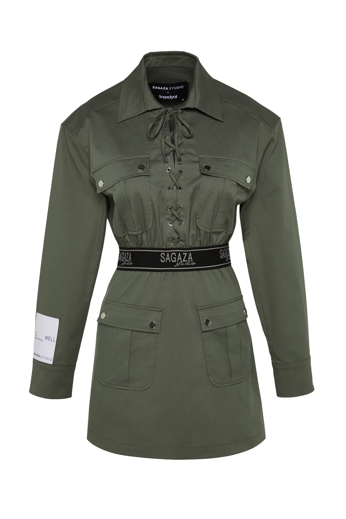 Trendyol Collection  X Sagaza Studio Khaki-Popeline-Kleid mit elastischer Taille TCLAW24EL00007