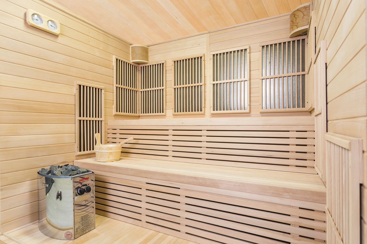 PureHaven Infrarotsauna 160x210x200 cm für 6 Personen Saunaofen aus kanadisches Hemlock-Tannenholz Thermometer Schöpfkelle Saunasteine