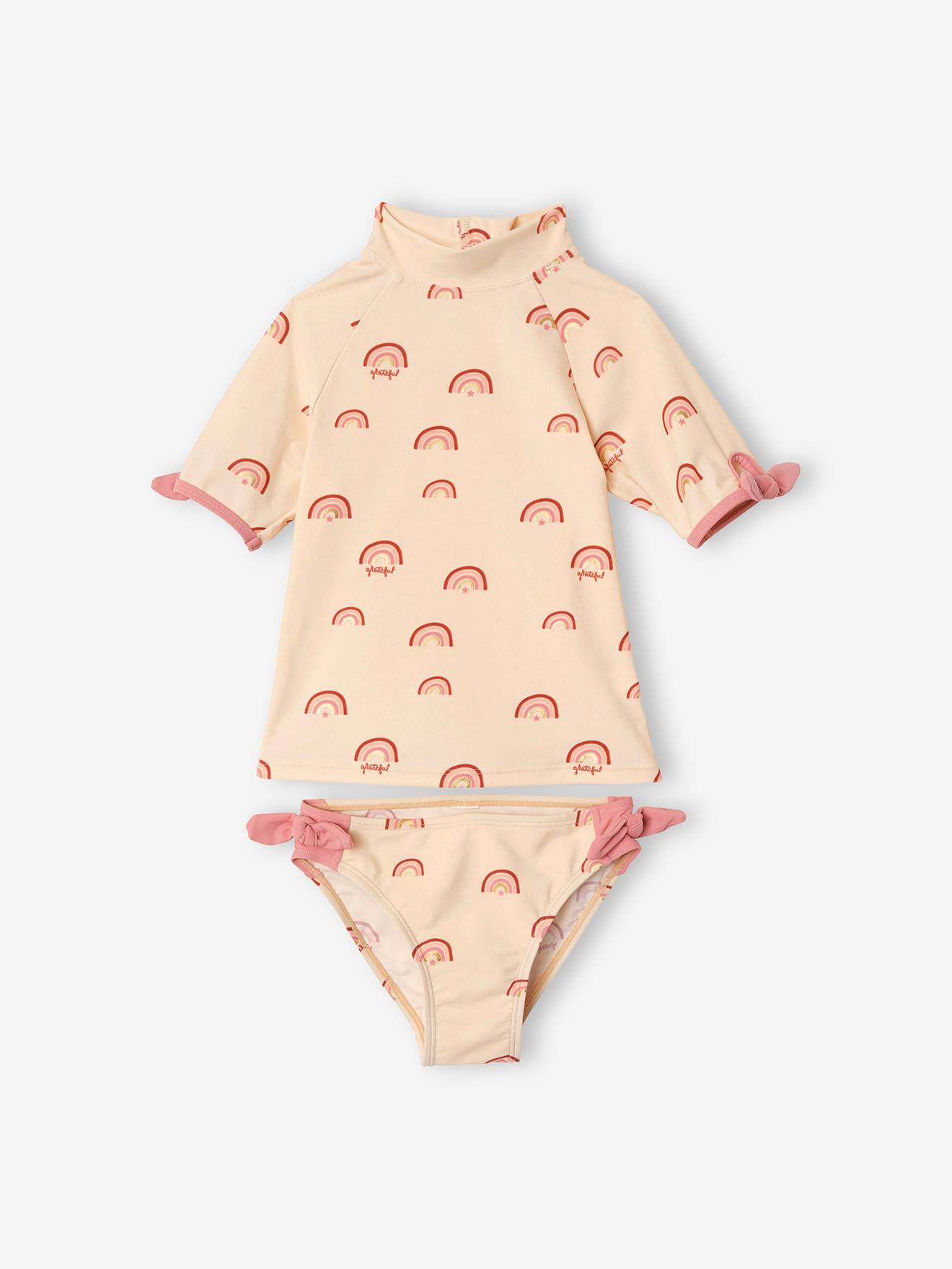 Ensemble de bain anti-UV fille T-shirt + culotte écru imprimé