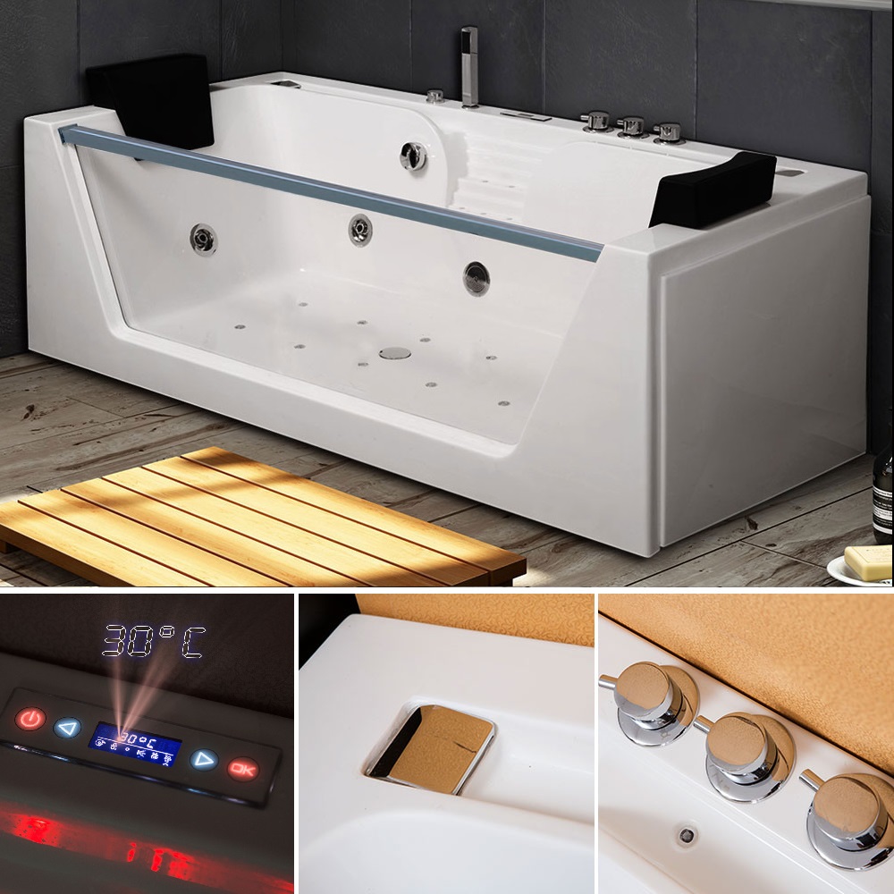 TroniTechnik Whirlpool Badewanne KOS 2 179cm x 85cm Heizung, Hydromassage, mit Bachlauf, Sanitäracryl
