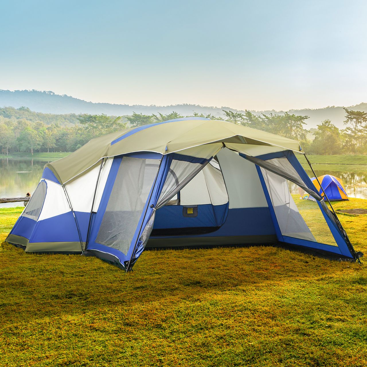 Outsunny Camping Zelt 6-8 Personen Zelt Familienzelt mit Vorraum 2 Fenster Kuppelzelt PU3000mm für Trekking Festival Glasfaser Blau 518 x 487 x 237 cm