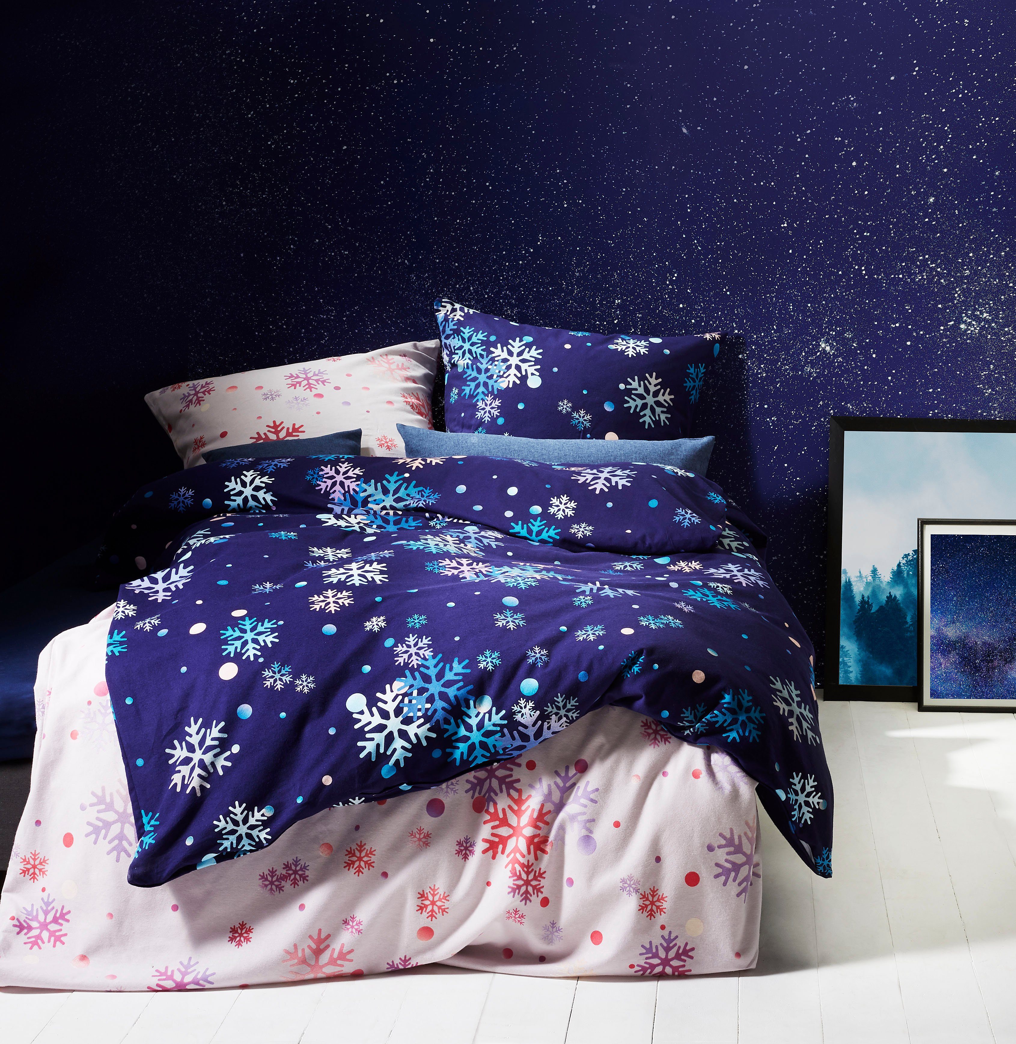 Bettwäsche Aspen 4375, fleuresse, Feinbiber, 2 teilig, Feinbiber mit Schneeflocken