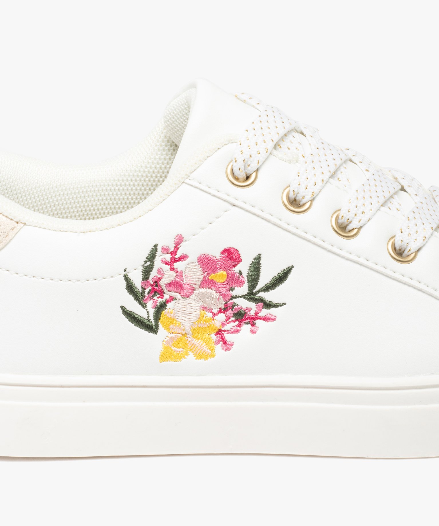 Baskets fille unies brodées fleurs sur le cté blanc | GEMO