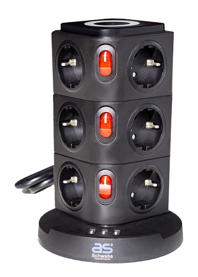 Turn de alimentare Schwabe 18222, 12 x împământare, 3 x USB cu încărcător prin inducție, cablu de 2 m