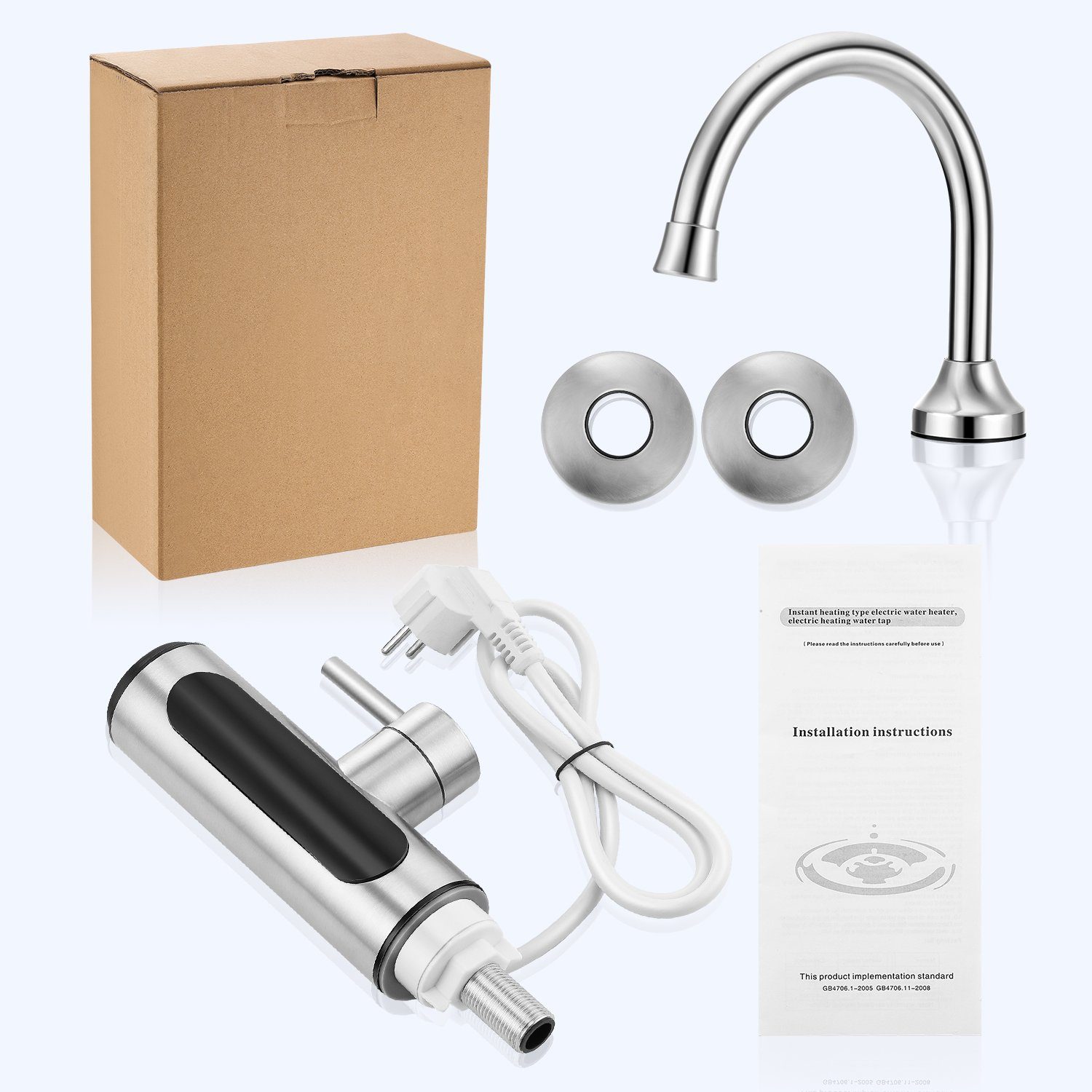 LETGOSPT Klein-Durchlauferhitzer 3000W Elektrisch Wasserhahn LED Temperaturanzeige 360° Drehbar Armatur