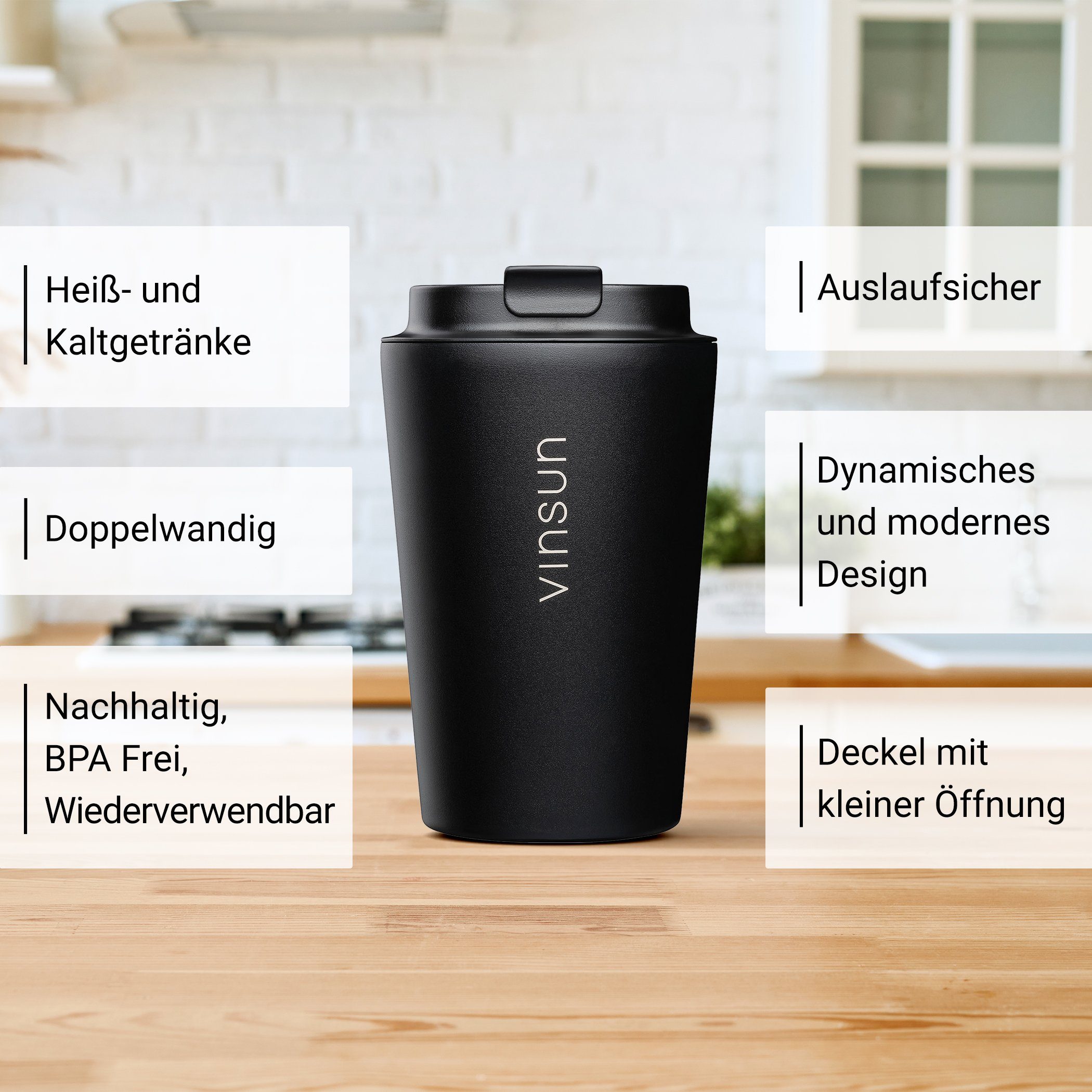 Vinsun Thermobecher Isolierbecher 350ml Schwarz - Kaffeebecher to go, Edelstahl, auslaufsicher, bruchfest, für heiße und kalte Getränke