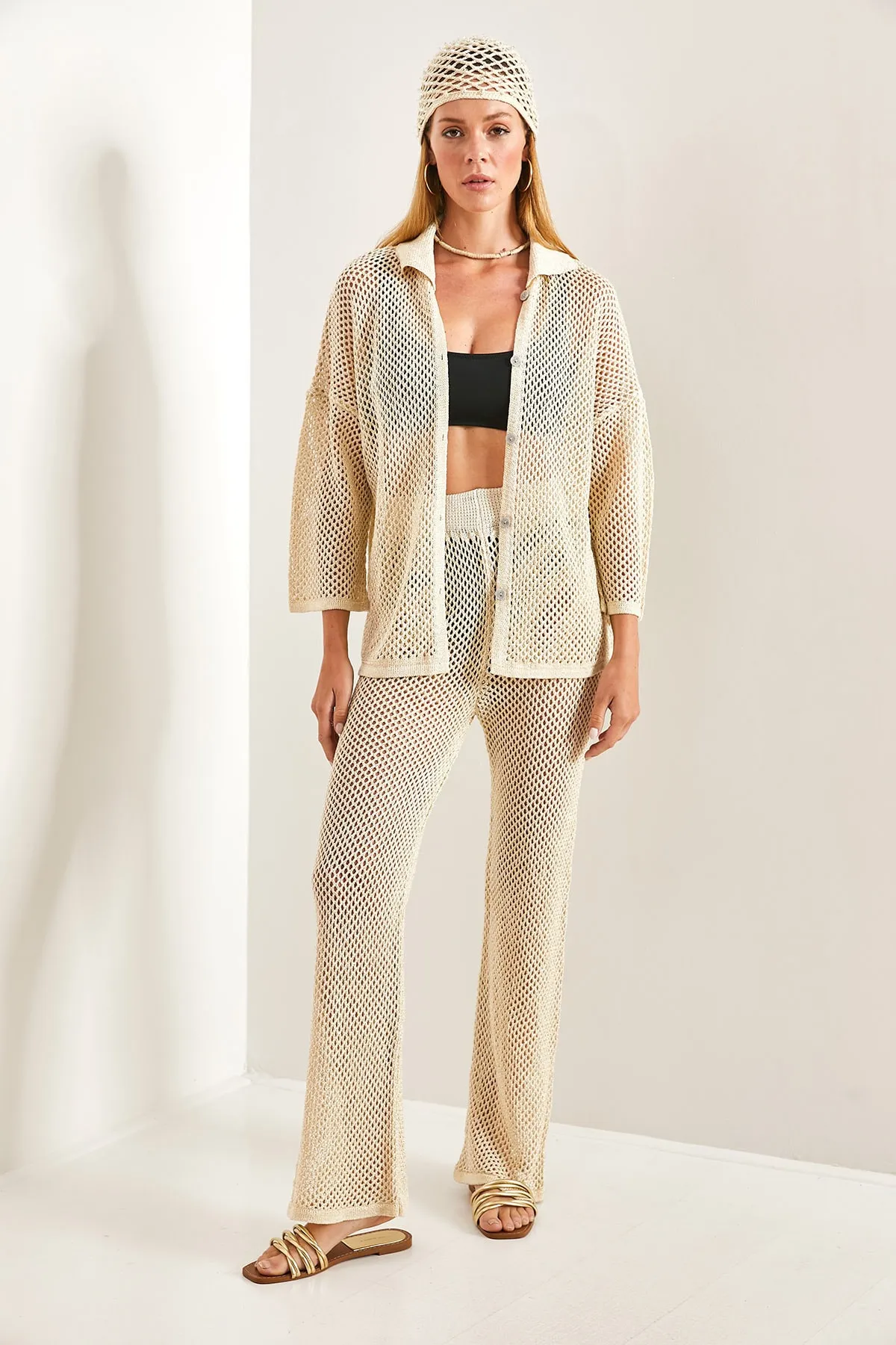 Bianco Lucci  Damen-Strickwaren-Set mit gemustertem Glitzer-Unterteil und Oberteil