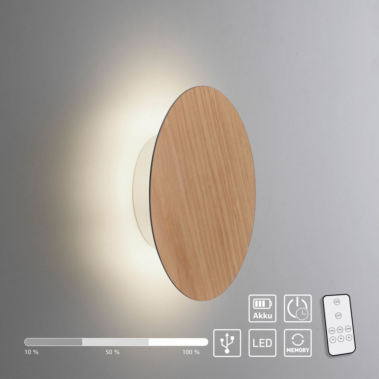 Paul Neuhaus LED Wandleuchte AKKU PUNTUA, Akkubetrieb, Klettverschluss, Holz-natur