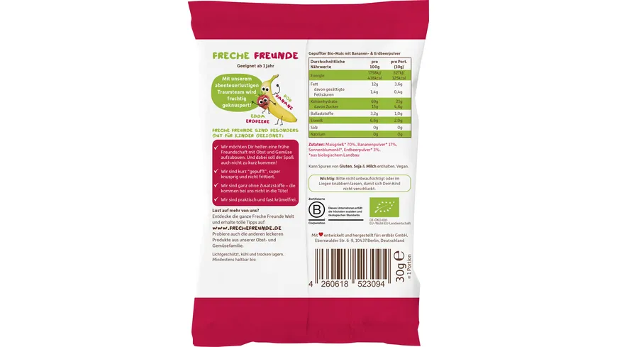 Freche Freunde Bio Knusper-Herzchen Banane & Erdbeere 30 g
