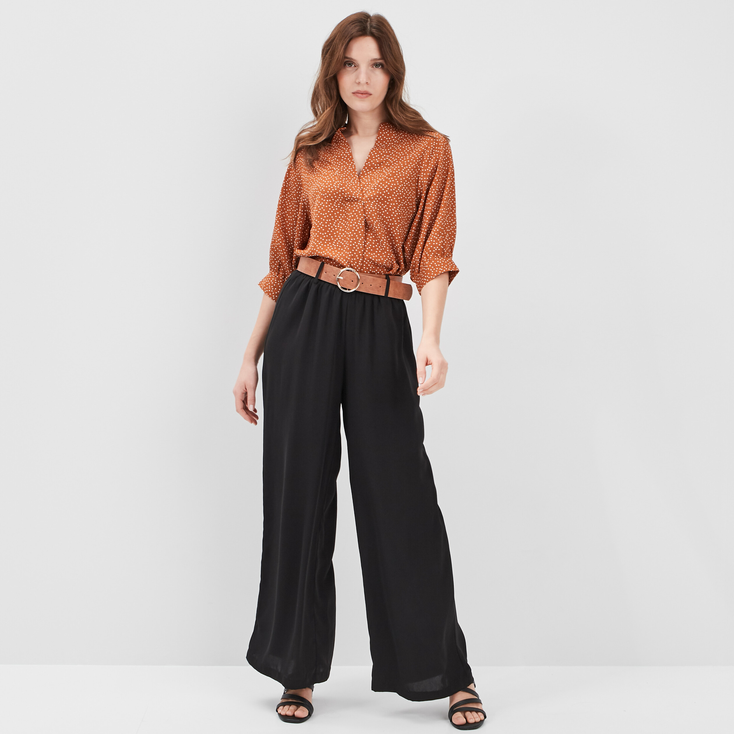 Pantalon fluide taille haute ceinturée noir femme | La Halle