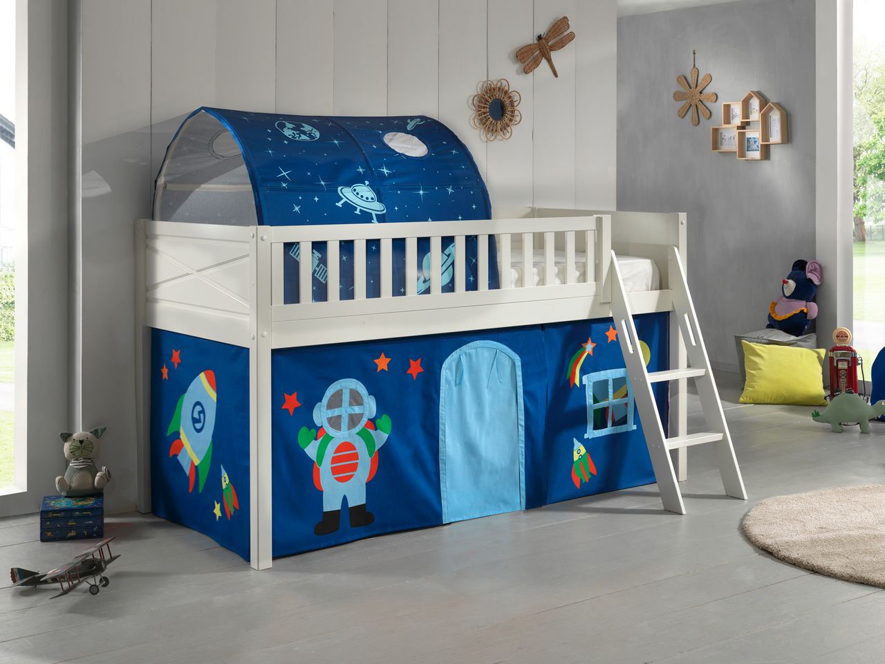 VIPACK Spielbett SCOTT, LF 90 x 200 cm, mit Rolllattenrost, Leiter und Textilset Vorhang und Tunnel 