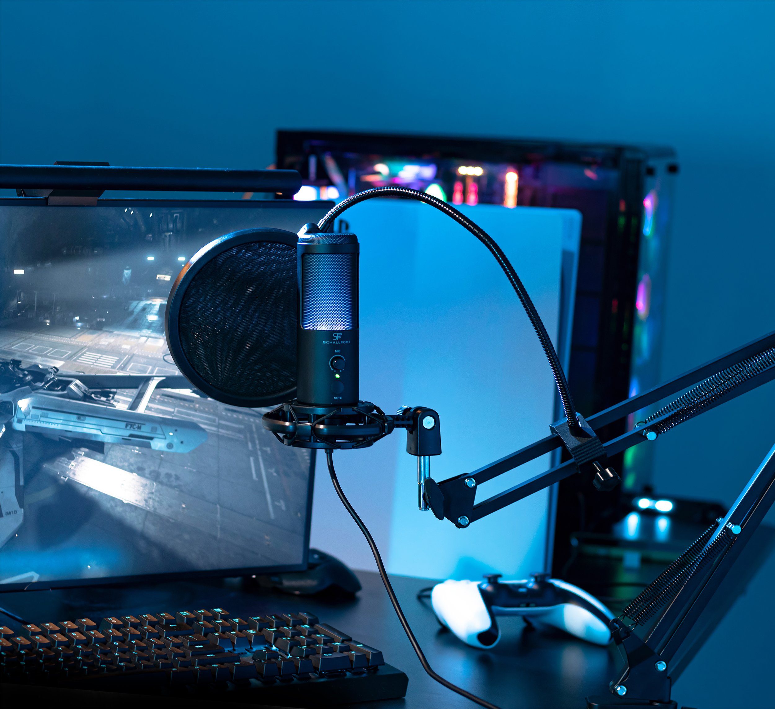 SCHALLFORT Mikrofon Vibe7-RGB (7-teilig), RGB-Beleuchtung, USB-C Plug & Play, AUX, Touch, Kondensator, Set