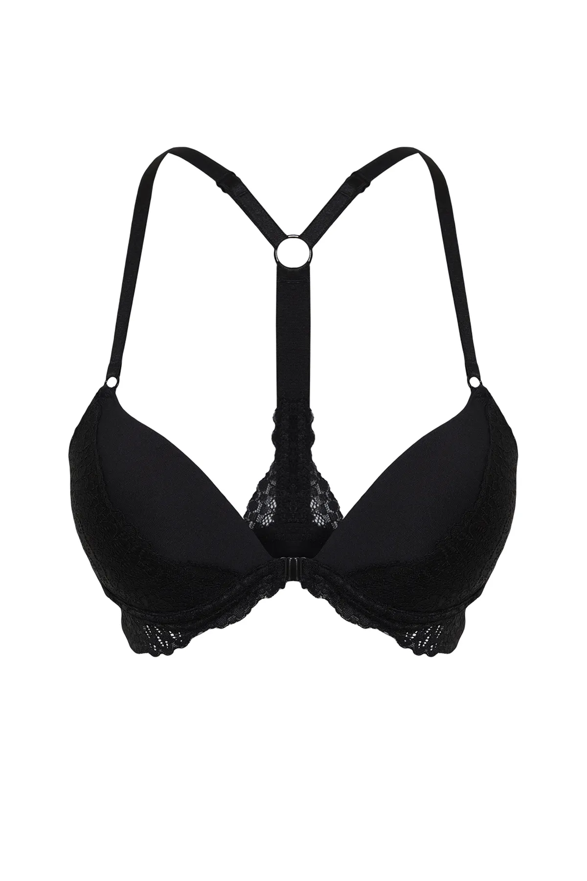 Trendyol Collection  Schwarzer Strick-BH mit Spitzendetail aus Polyamid und Frontverschluss, überzogen mit Seilträgern THMSS24SU00041
