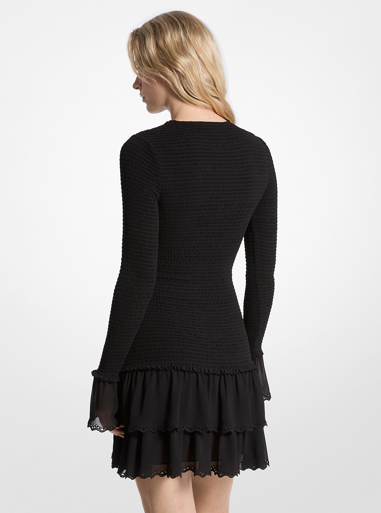 Smocked Georgette Volang Minikjole - SVART