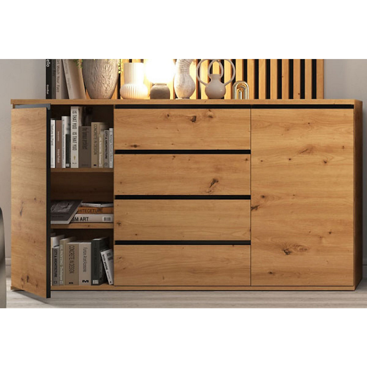 Kommode Naxos Sideboard 151x40x86cm grifflos 2-türig mit 4 Schubladen