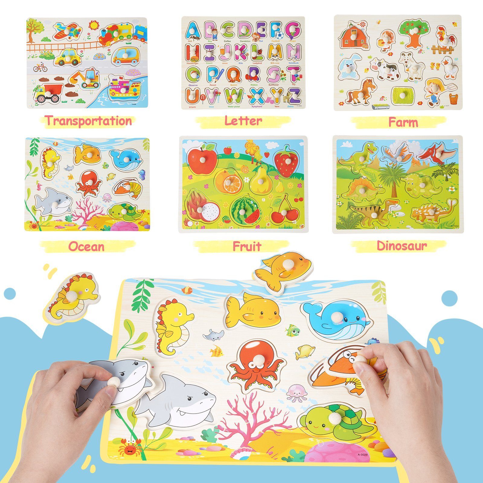 LBLA Lernspielzeug Holzpuzzle-Lernspielzeug: für Spaß und Lernen mit sicheren Materialien (6er Set), Vielfältige Designs( Dinosaurier, Fahrzeug, Bauernhof, Alphabet, Meer, Obst)