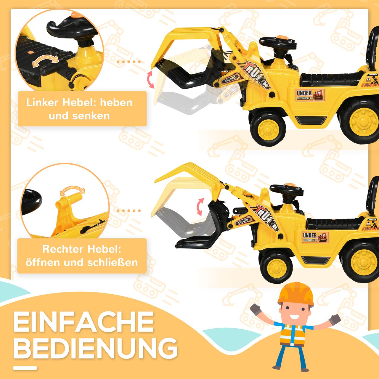 HOMCOM Sitzbagger Aufsitzbagger mit Schaufel, Hupe, für Kinder 3-4 Jahre