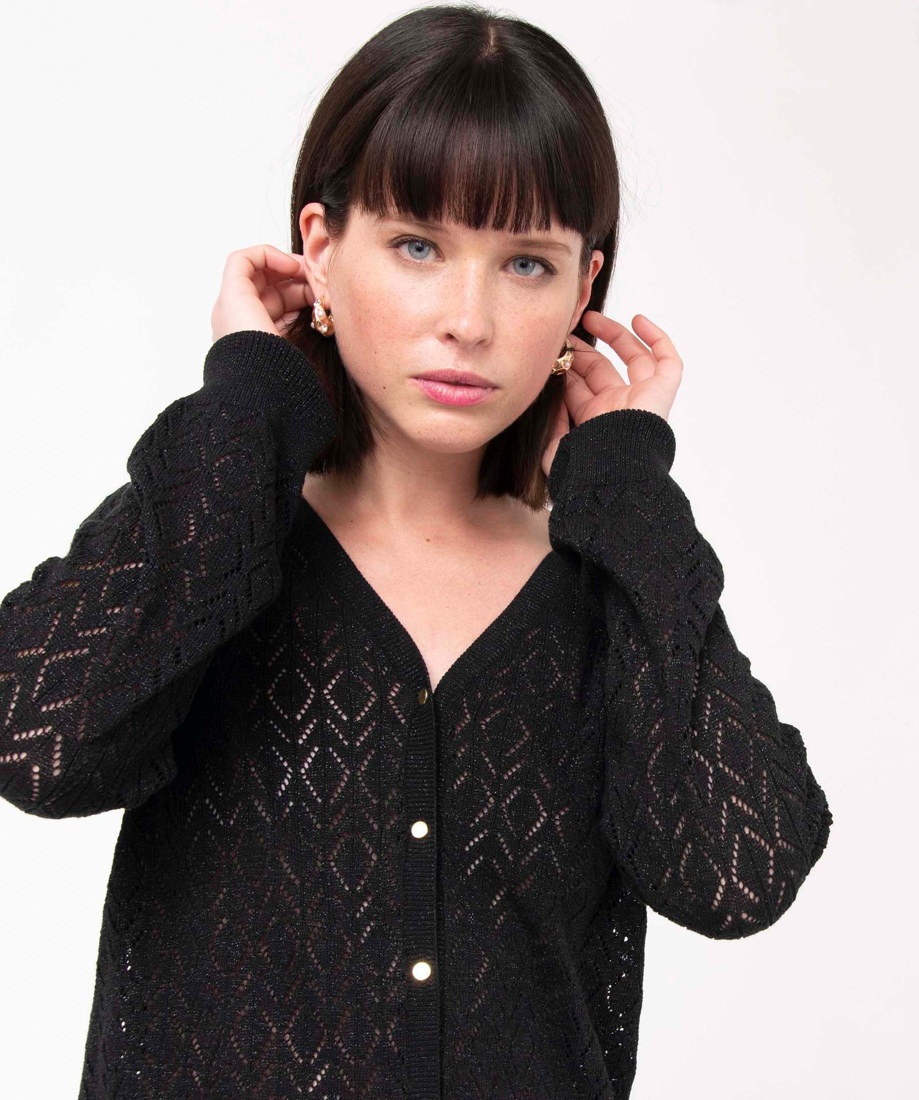 Gilet femme en maille ajourée incrustée de fil pailleté noir | GEMO