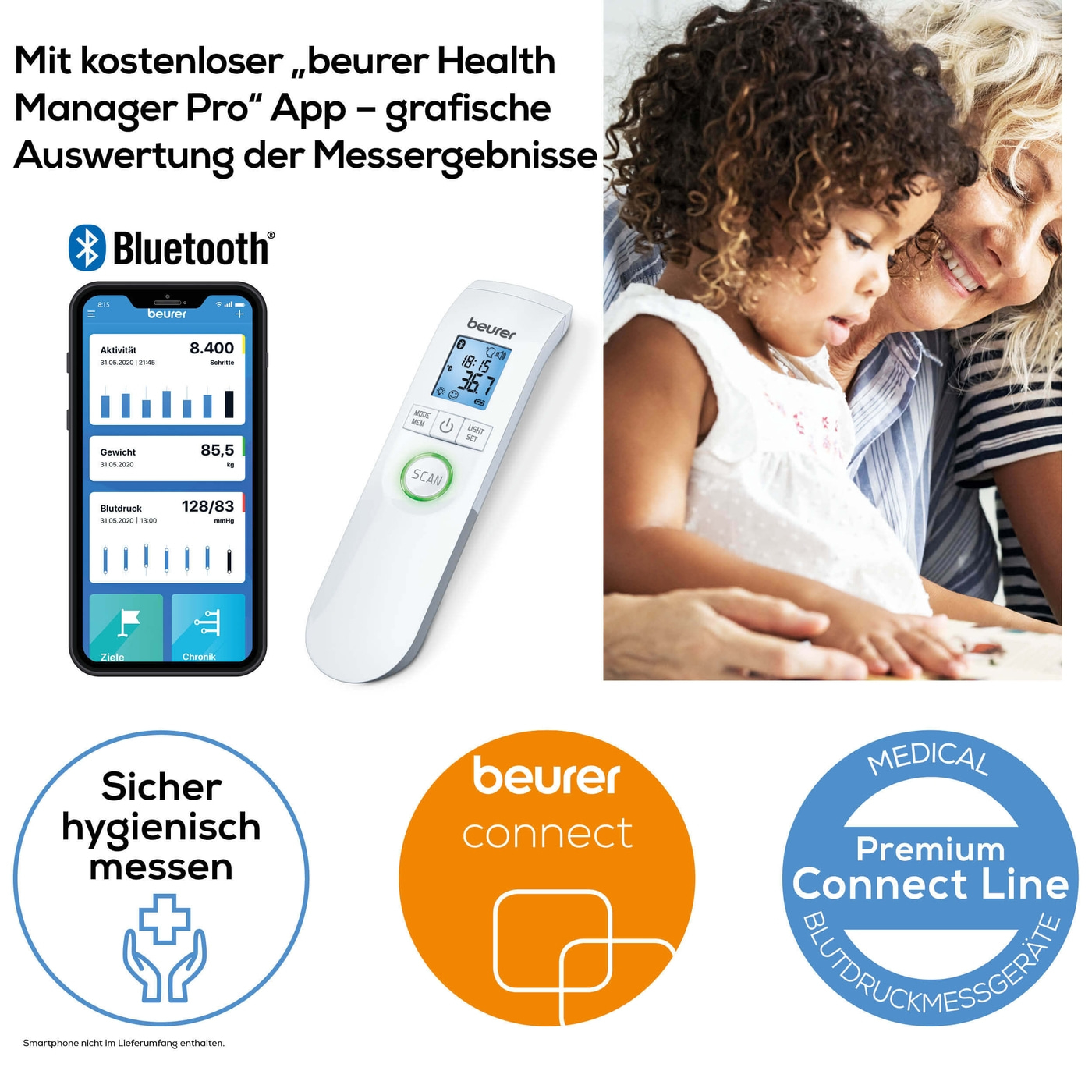 Beurer kontaktloses Thermometer FT 95 <i>Bluetooth</i>®-Fieberthermometer kontaktlos mit Anbindung an HealthManager & BabyCare App