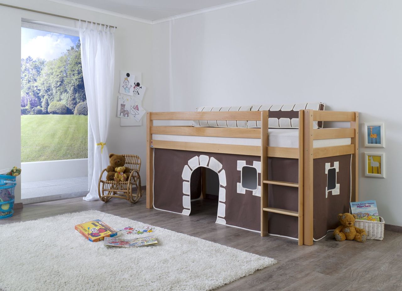 Relita Halbhohes Spielbett ALEX Buche massiv natur lackiert mit Stoffset Vorhang Burg