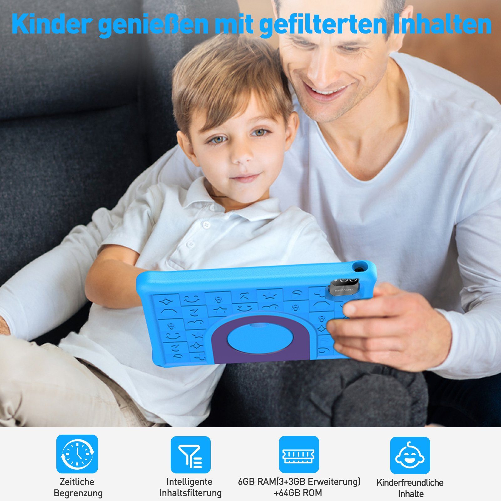 Ulife Lerntablet VASOUN B10K, für Kinder ab 2 Jahren, 10 Zoll, Android 12, fallfest, kostenloser Lern-Apps, Augenschutz, System der elterlichen Kontrolle