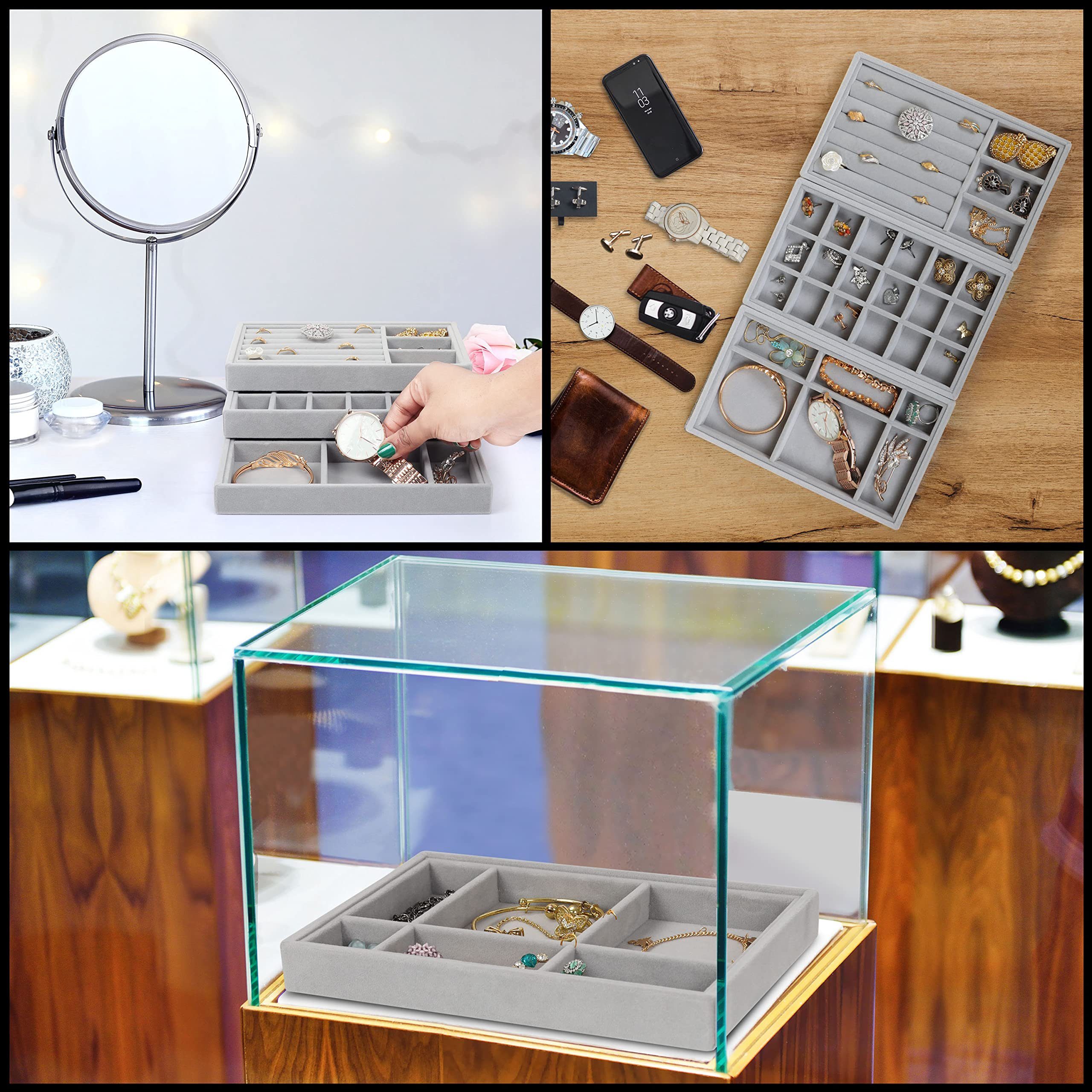 Belle Vous Schmuckständer Grauer Samt Schmuck-Organizer - 9-teiliges Set, Gray Velvet Makeup Organizer for Jewelry - 9 Pieces
