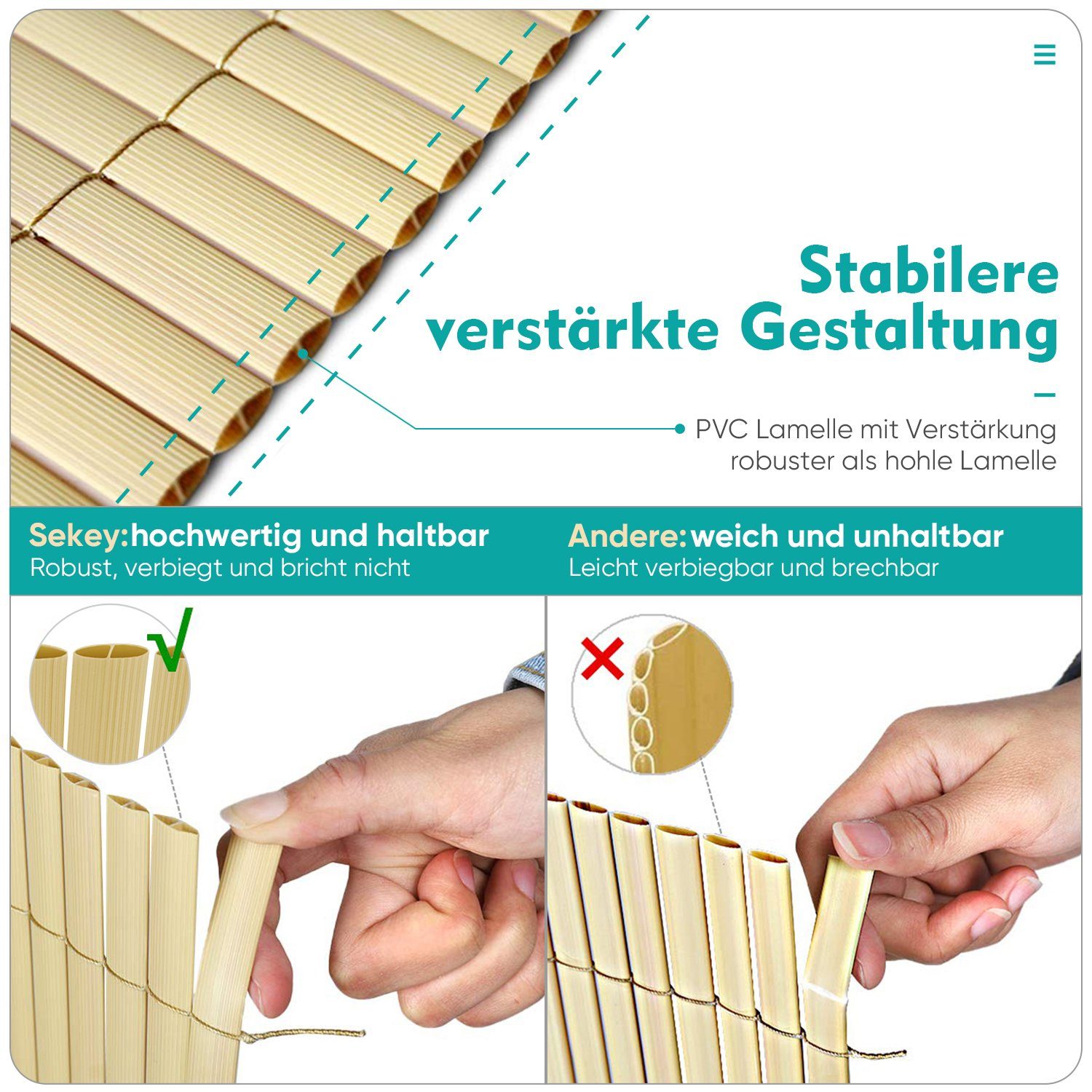Sekey Balkonsichtschutz PVC Sichtschutzmatte Grau Bambus Sichtschutz Balkon ohne Bohren Zaun Sichtschutz, Windschutz, Sonnenschutz für Balkon, Garten, Terrasse
