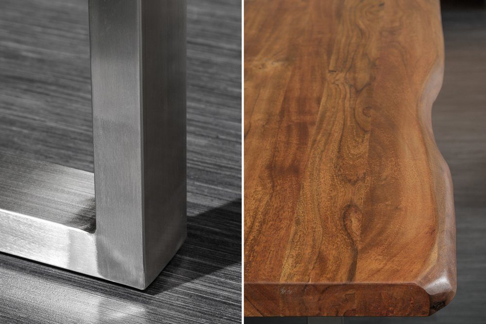 riess-ambiente Baumkantentisch MAMMUT NATURE 160cm honigfarben (natur) / silber (Einzelartikel, 1-St), Massivholz · Edelstahl-Kufen · 3,5cm Platte · Akazie · Industrial