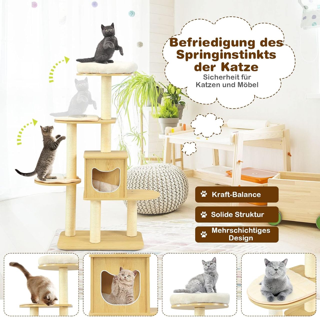 Costway 135cm Katzenbaum 4-stufiger Katzenkratzbaum Holz