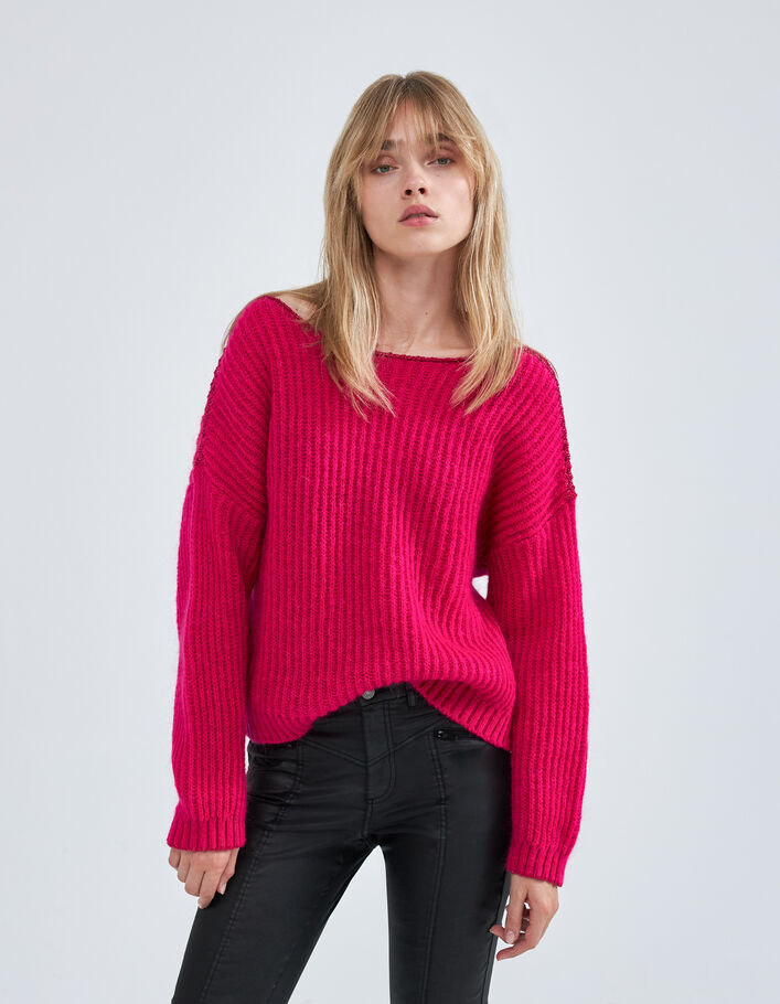 Pull rose tricot à côtes et détails lurex Femme