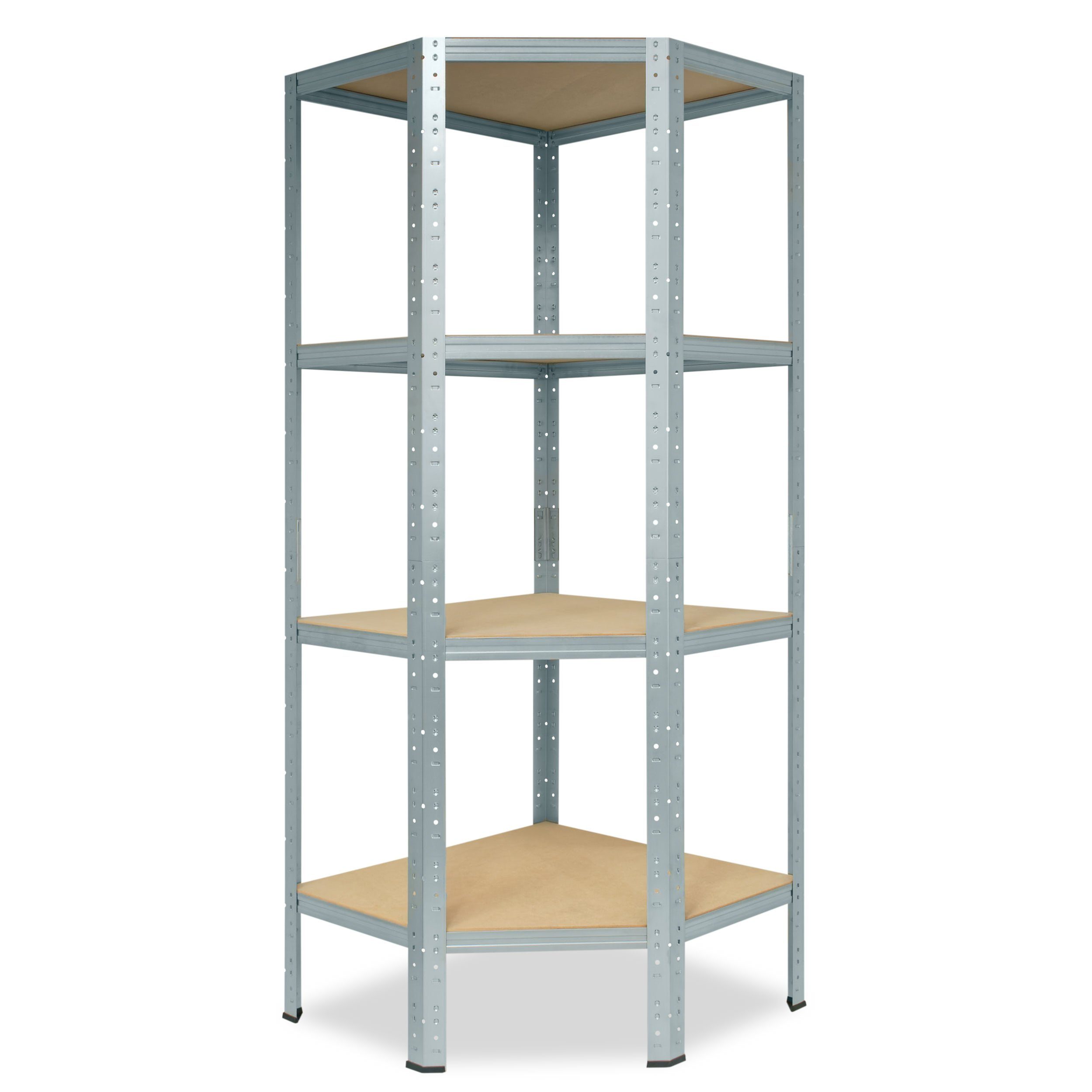 shelfplaza Eckregal HOME, 155x60x30cm verzinkt, Metall Eckregal stehend mit 4 Böden, Corner Shelf 175kg Tragkraft Schwerlastregal Ecke, Steckregal verzinkt Eckregal Keller Garagen Regal