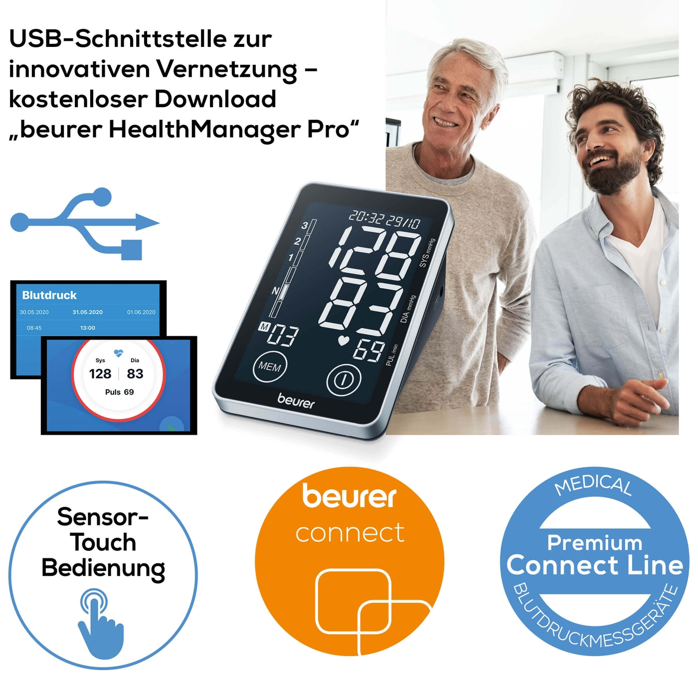 Beurer Oberarm-Blutdruck-messgerät BM 58-Oberarm-Blutdruckmessgerät mit PC-Schnittstelle & XL-Schwarzdisplay