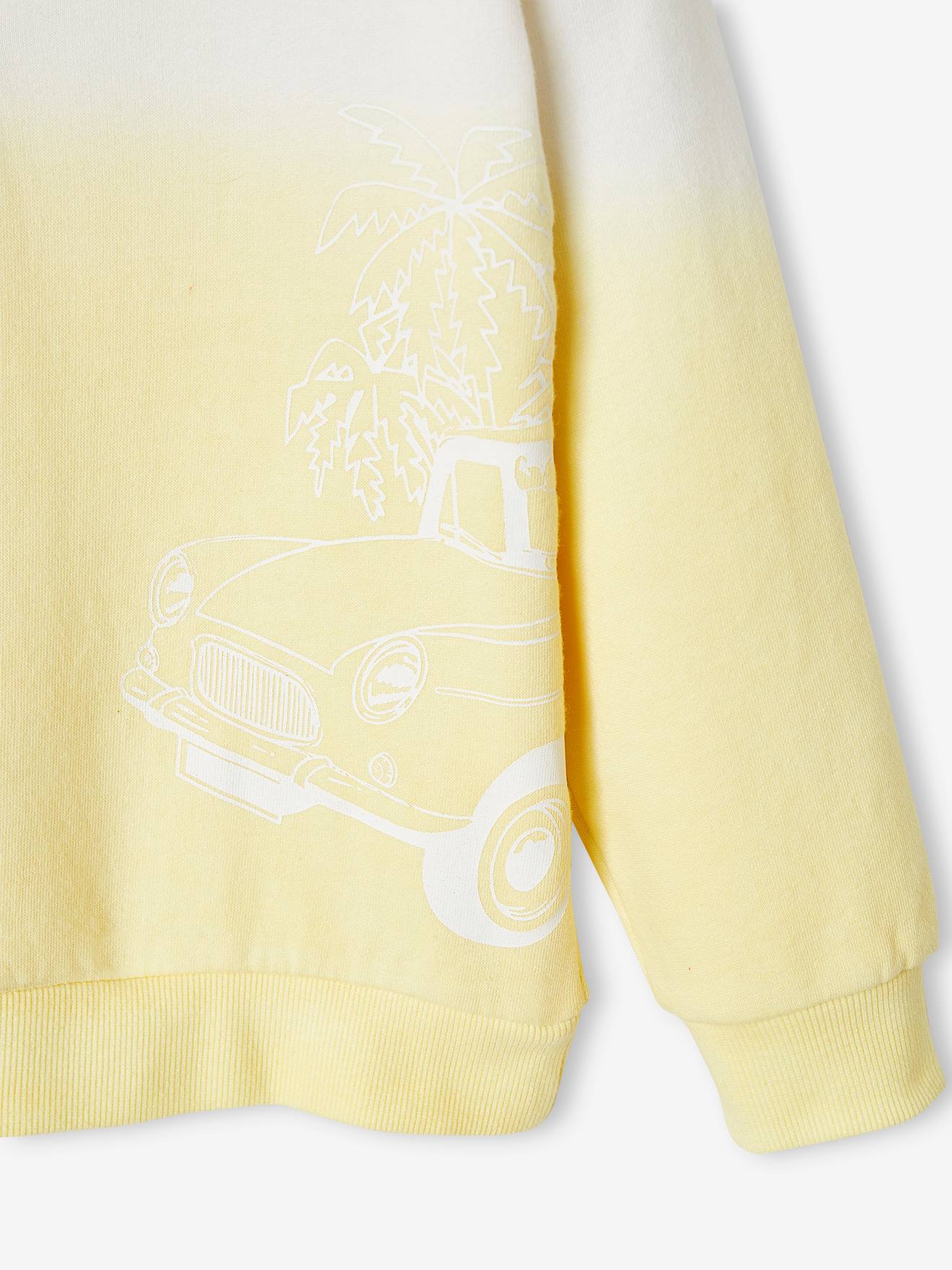 Sweat à capuche motif voiture garçon effet deep dye jaune pastel