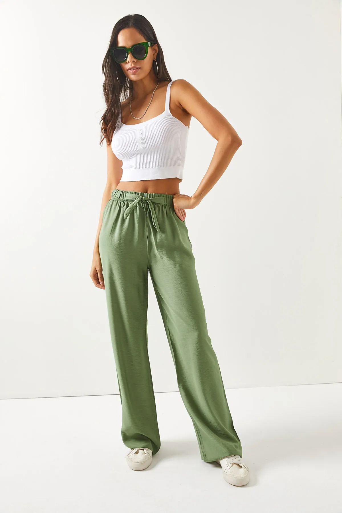 Olalook  Damen-Palazzo-Ayrobin-Hose mit Gürtel und elastischem Bund in Khaki, PNT-19000200