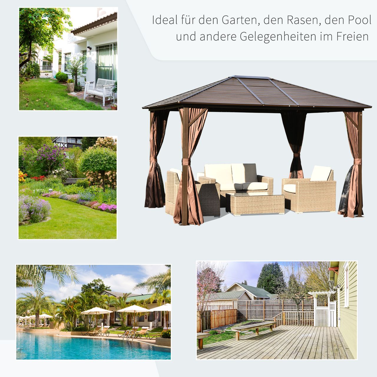 Outsunny Gartenpavillon Pavillon 300L x 365B x 262H cm Gartenzelt Festzelt Partyzelt mit 4 x Doppel-Seitenteilw wetterfest Aluminium Polyester Bronze
