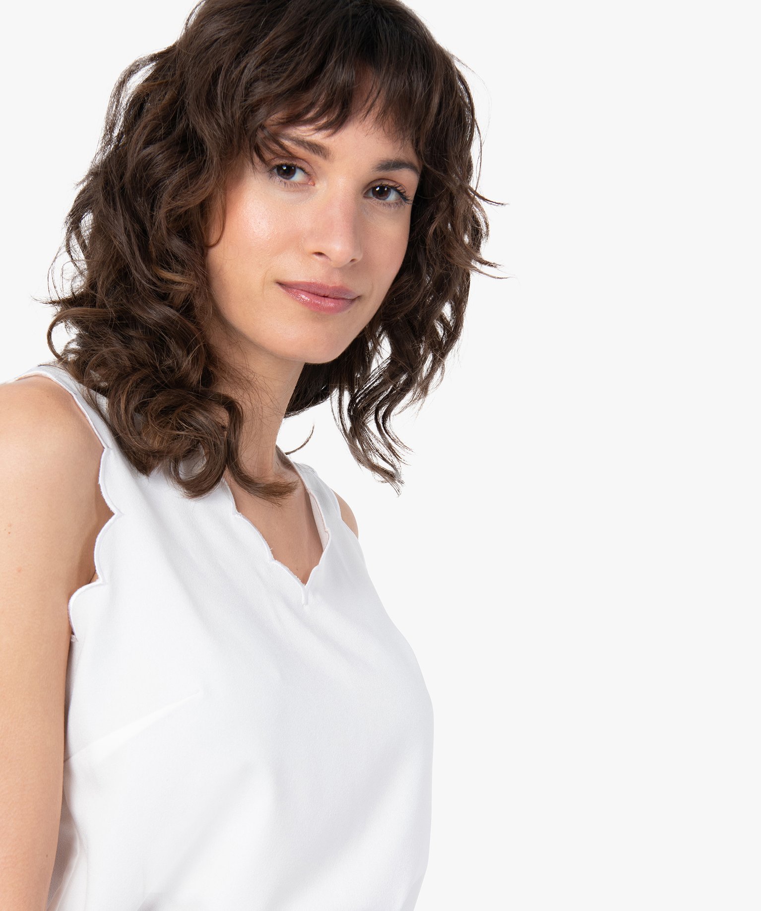 Blouse femme sans manches avec finitions festonnées ecru | GEMO