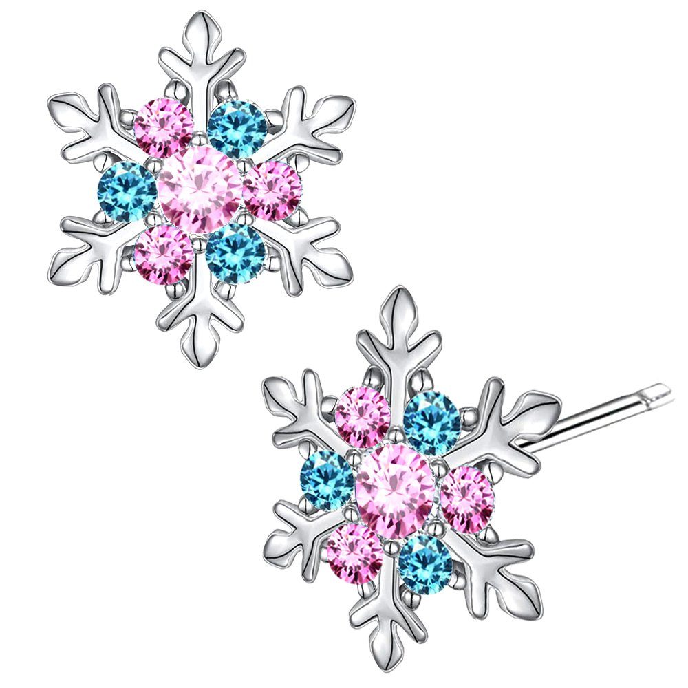 Limana Paar Ohrstecker Schneeflocke Stern Silber 925 Geschenk Idee Nikolaus Weihnachten bunt (inkl. Geschenkdose mit Engel), 9mm Kinderohrringe Mädchenohrringe Damenohrringe mit Zirkonia