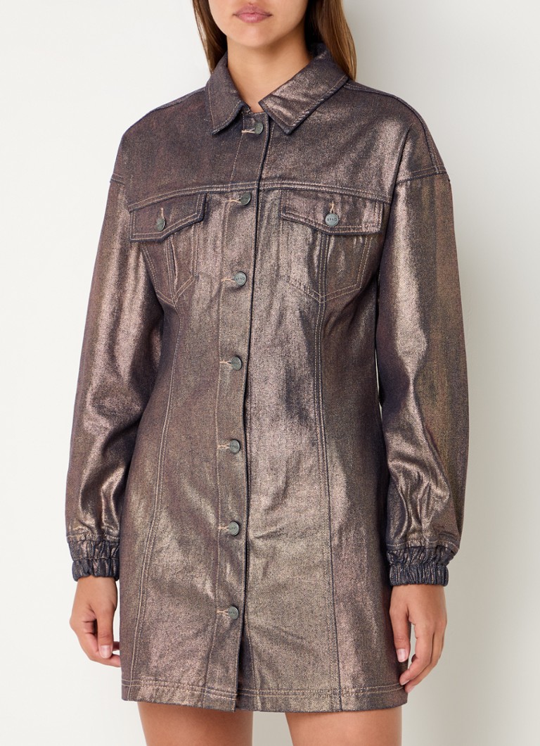 Refined Department Bibi denim mini dress with metallic finish and chest pockets