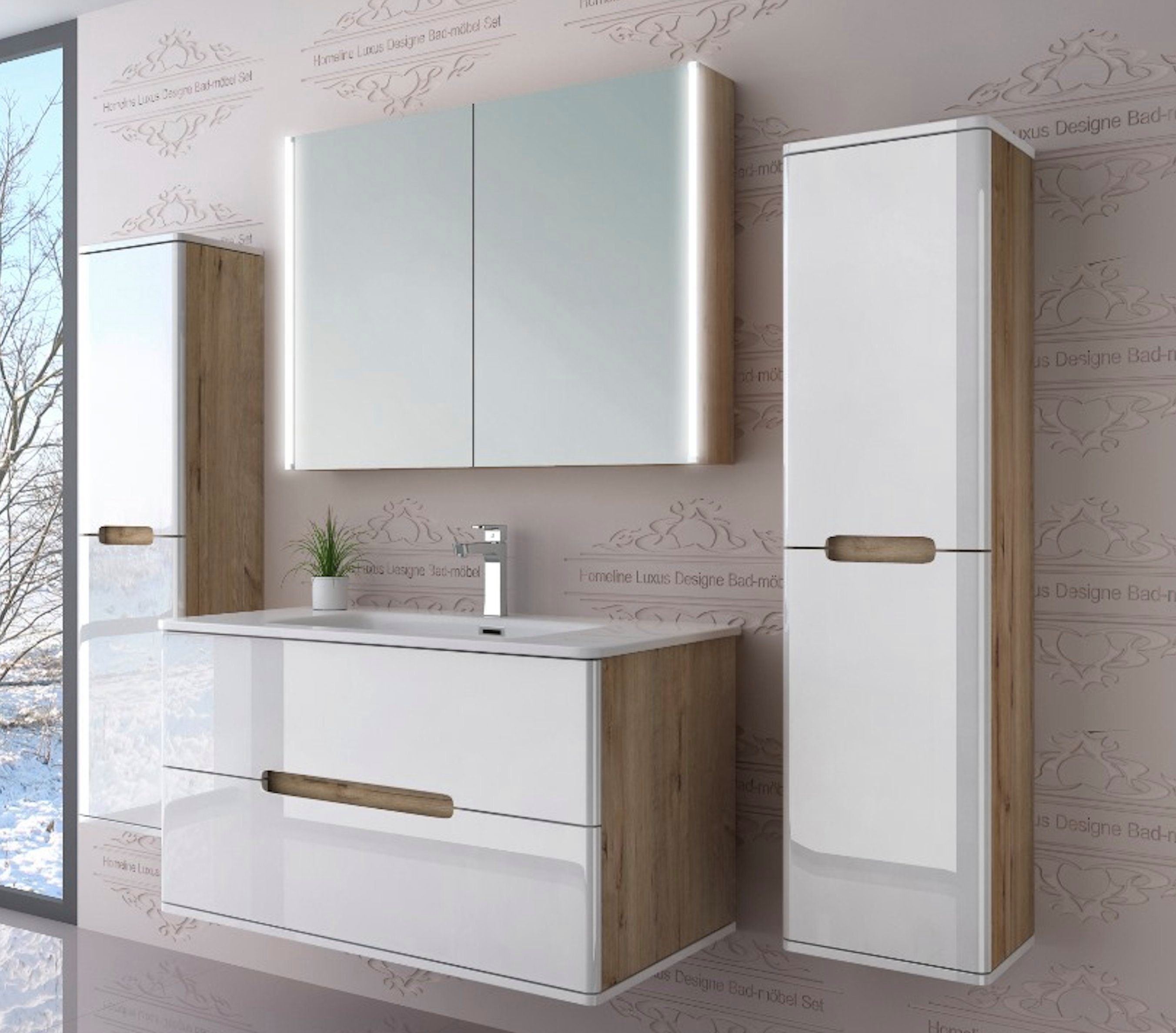 Homeline Badezimmer-Set Badezimmer Möbel Badmöbel Set Eiche/Weiß Hochglanz Spiegelschrank, (5 Tlg, 5-St., Badezimmer Möbel), Soft close system