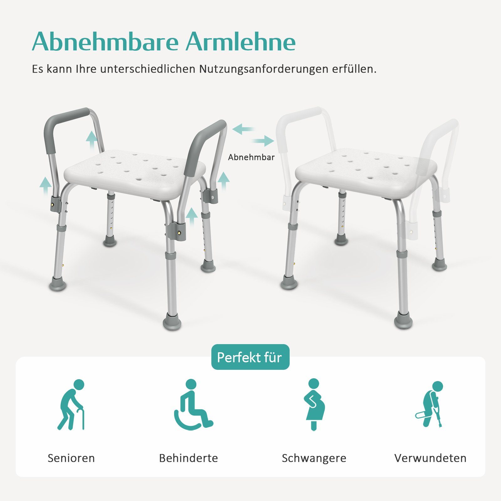 EMKE Duschhocker Badhocker mit Armlehnen Sitzfläche mit Sicherheitsgriffen, Höhenverstellbar Anti-Rutsch-Gummifüße Belastbar bis 136 kg
