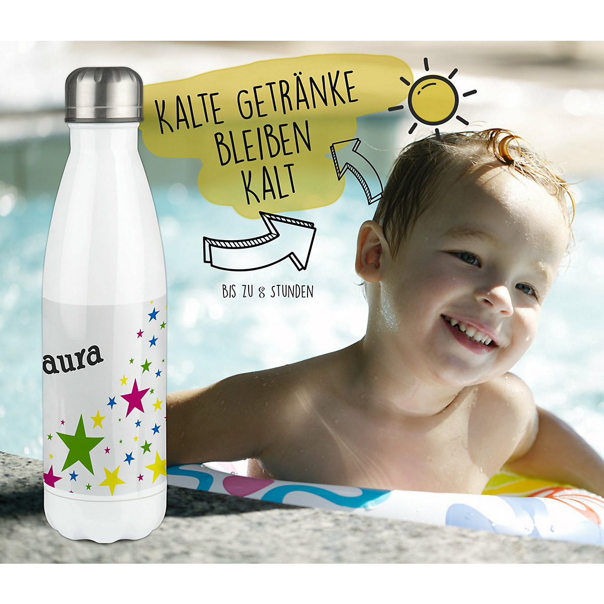 Edelstahl Kinder Thermoflasche / Trinkflasche bunt Sterne Spülmaschinenfest, Auslaufsicher, Bruchfest, Doppelwandig, Für Heißgetränke geeignet, Mit Deckel, Isoliert