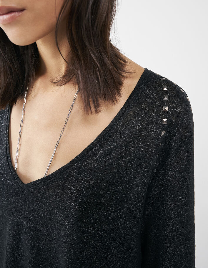 Tee-shirt noir en lin foil détails clous bijous femme