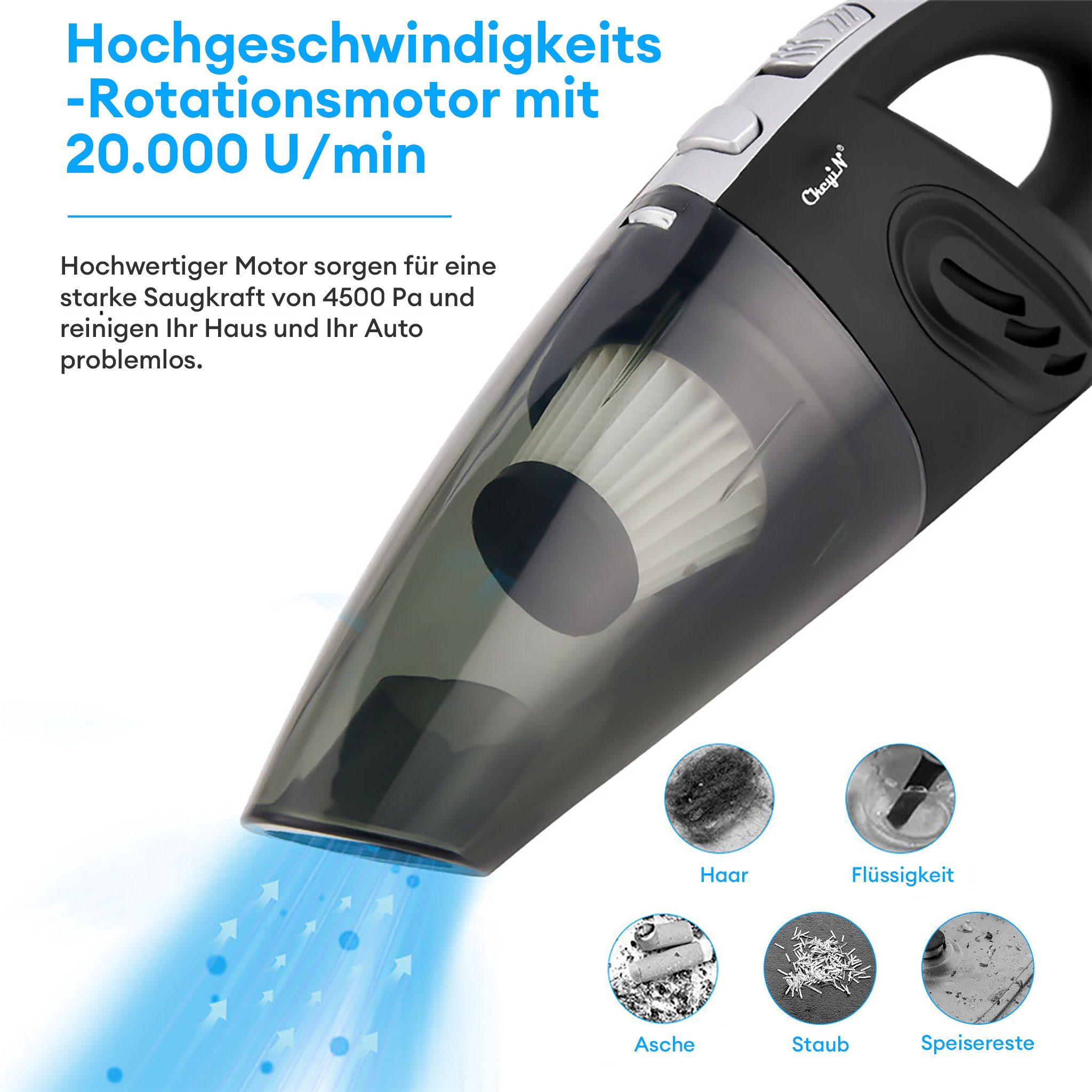 CkeyiN Akku-Handstaubsauger für Haus/Auto Kabellos Nass-Trocken-Nutzung Staubsauger, 120,00 W, mit Beutel, 20 Min. Laufzeit